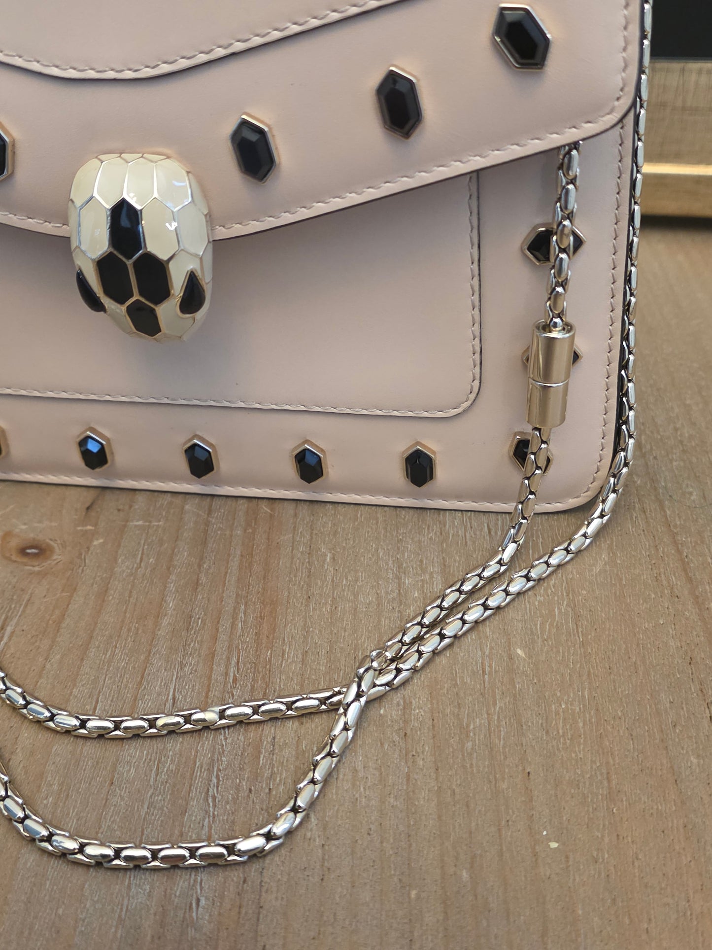 Bvlgari Serpenti Forever Beige Studded Crossbody Bag | Black Onyx Snakehead Chain Shoulder Bag