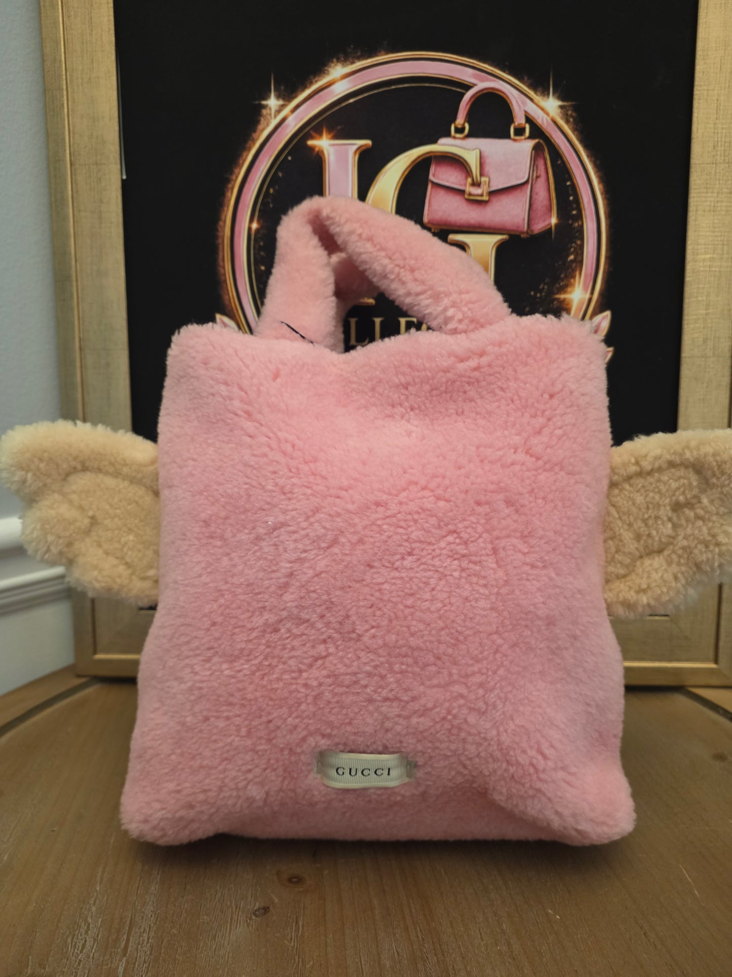 Gucci Children’s Flying Bear Tote Pink Faux Shearling Plush Bunny Bag
