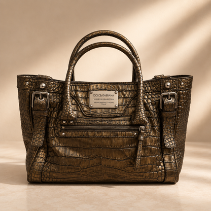 Dolce & Gabbana Miss Easy Metallic Bronze Croc Embossed Leather Tote Bag