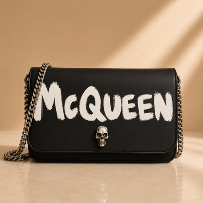 Alexander McQueen Graffiti Skull Satin Chain Crossbody Bag