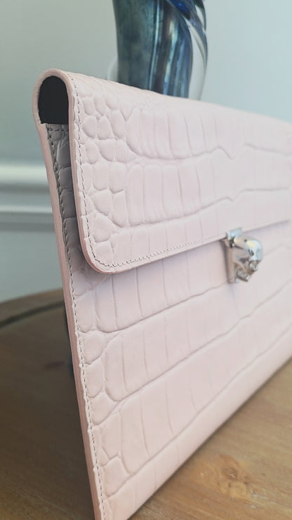 Alexander McQueen Pink Croc Embossed Skull Clutch Wallet | Crystal Skull Closure