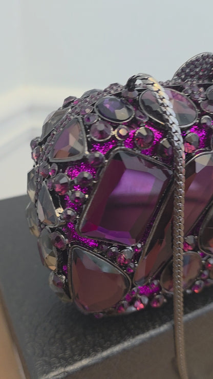 Statement Purple Crystal Embellished Evening Clutch Bag with Chain Strap