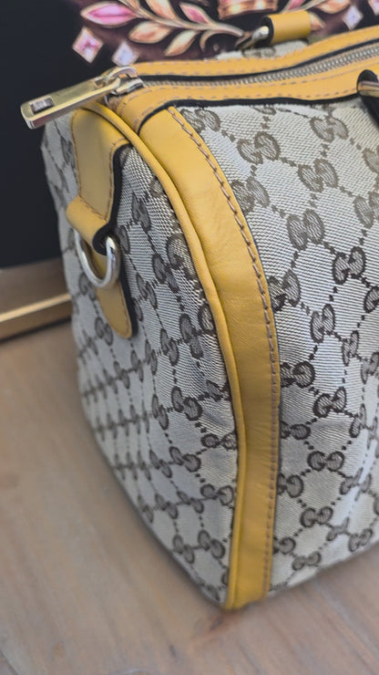 Authentic Gucci GG Canvas Boston Bag | Beige GG Monogram Canvas | Yellow Leather & Web Stripe | Crossbody Satchel | Made in Italy