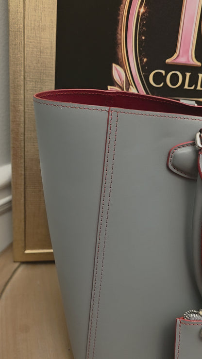 Loewe Gray Leather Anagram Tote Bag with Red Interior & Pouch | IG Collective