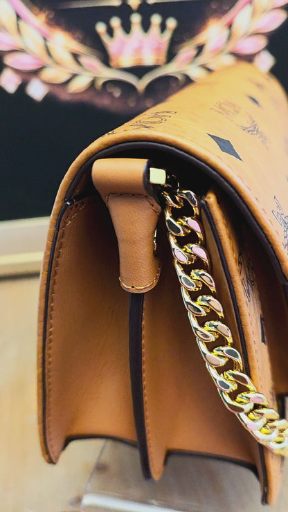 MCM Cognac Visetos Patricia-Style Chain Shoulder / Crossbody Bag
