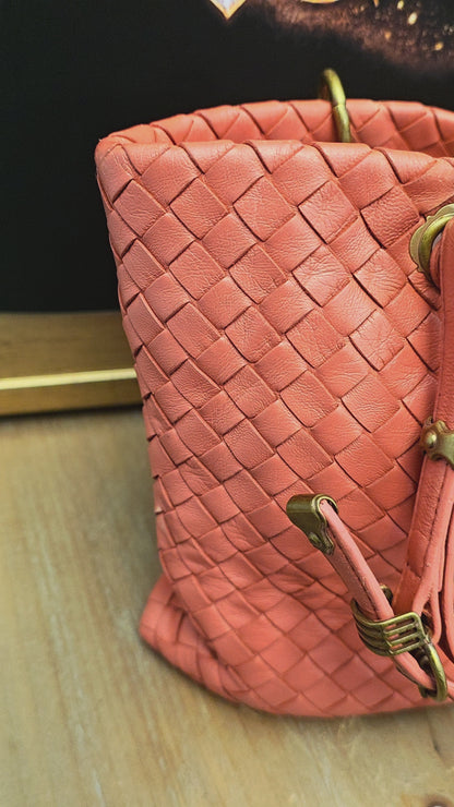 Bottega Veneta Orange Intrecciato Leather Tote Bag | Woven Leather Shoulder Bag