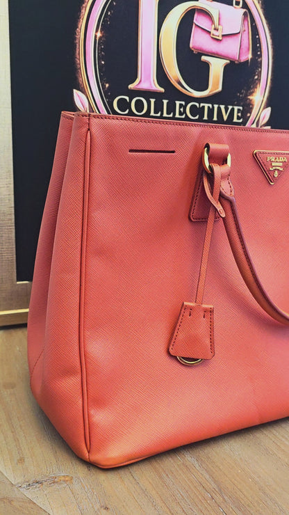 Prada Saffiano Lux Double Zip Tote Bag Papaya Orange Leather Gold Hardware BN1801 Authentic