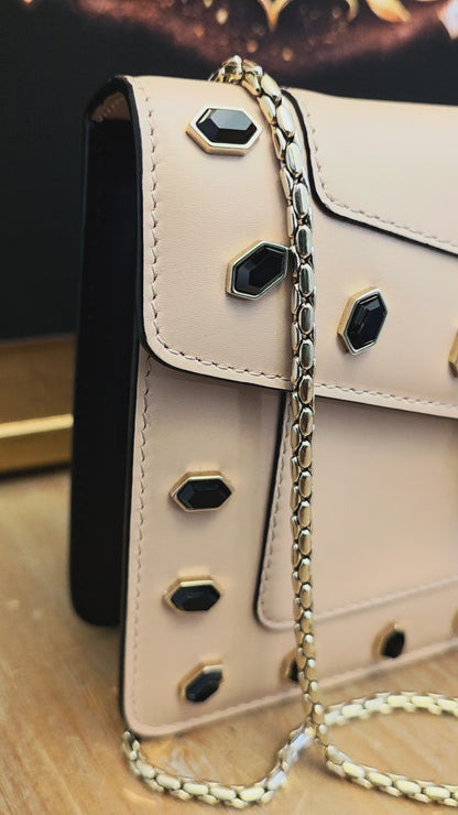 Bvlgari Serpenti Forever Beige Studded Crossbody Bag | Black Onyx Snakehead Chain Shoulder Bag