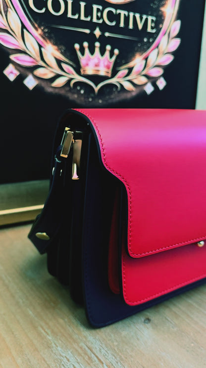 Authentic Marni Trunk Medium Colorblock Leather Crossbody Bag | Red & Navy Blue | Gold Hardware | Made in Italy