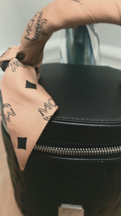 MCM Black Embossed Monogram Vanity Bag with Scarf Handle & Strap | IG Collective