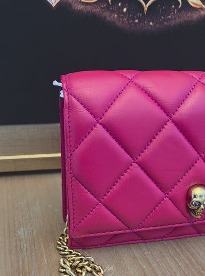 Authentic Alexander McQueen Skull Mini Quilted Leather Crossbody Wallet on Chain | Fuchsia Pink | Gold Hardware | Made in Italy